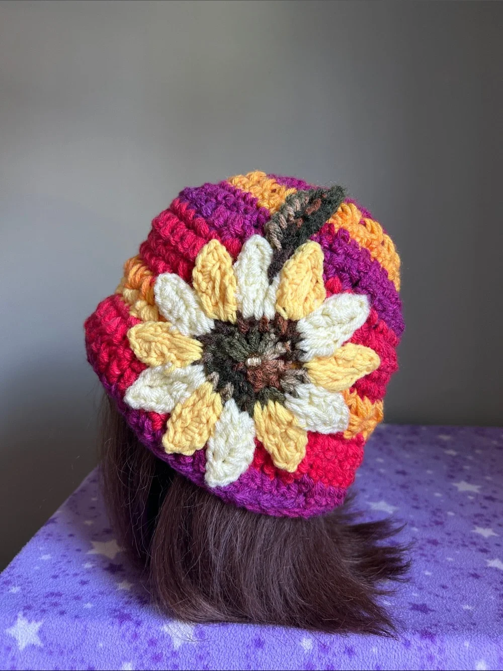 Hand-Crocheted Multicolor Sunflower Beanie - Yellow Accent medium